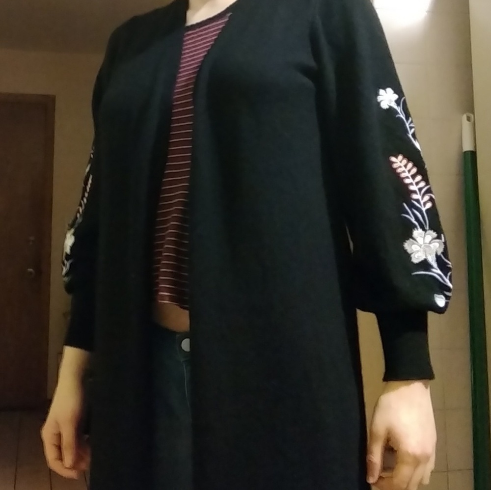 Black Cashmere Cardigan with Floral Pattern